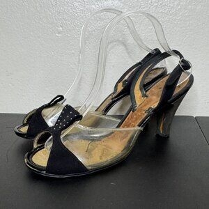 Vintage 40s Clear Plastic Black Suede Sling Back Open-Toe Heels, Vintage Shoes